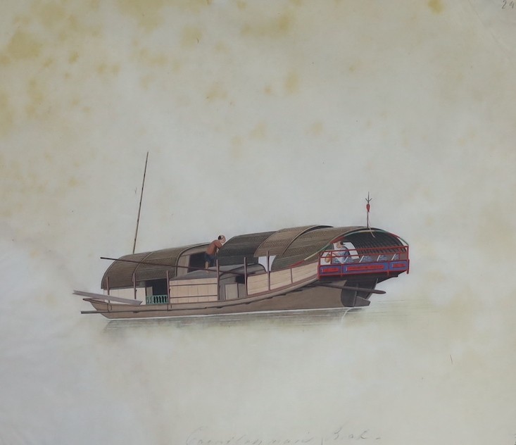19th century Chinese School, nine gouaches on pith paper, Studies of water-going vessels, inscribed in Chinese and titled in English, giving the names and uses of the various vessels, 29 x 34cm